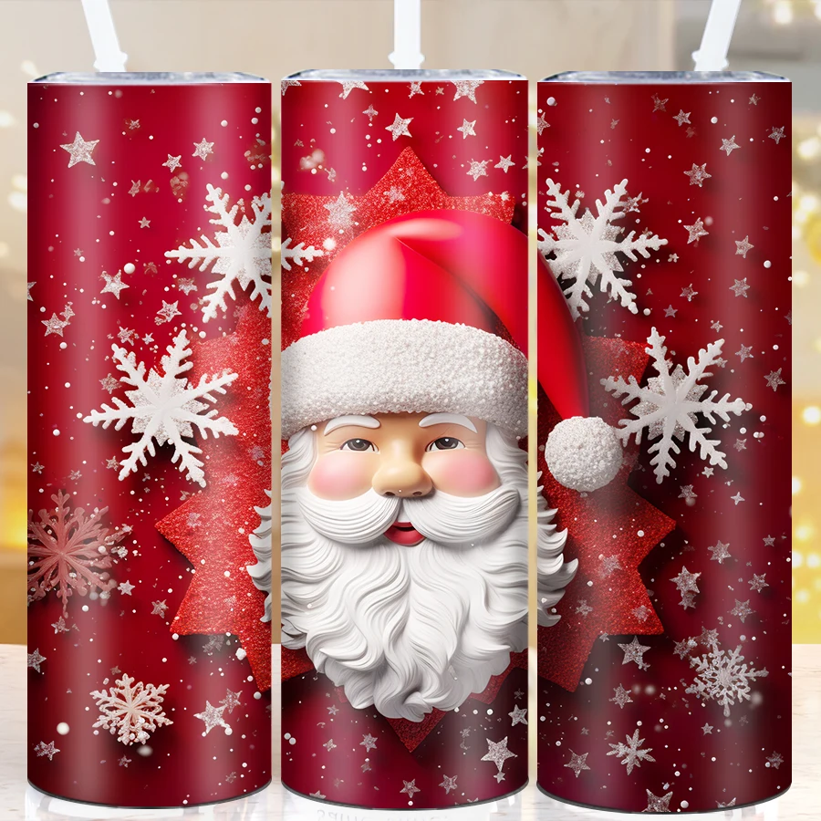 20oz Merry Christmas Festive Red Tumblers Straw Lid Print 3D Print Santa Claus Coffee Skinny Mugs Hot Cold Insulated Tumblers