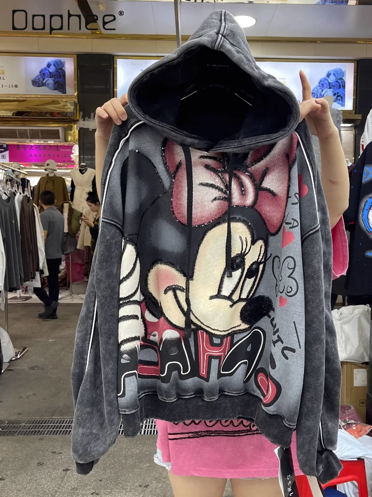 

European Style Cartoon Hooded Fleece Sweatshirt 2025 Winter New Loose Fit Large Version Heavy Craft Printed Sequin Hoodies Women