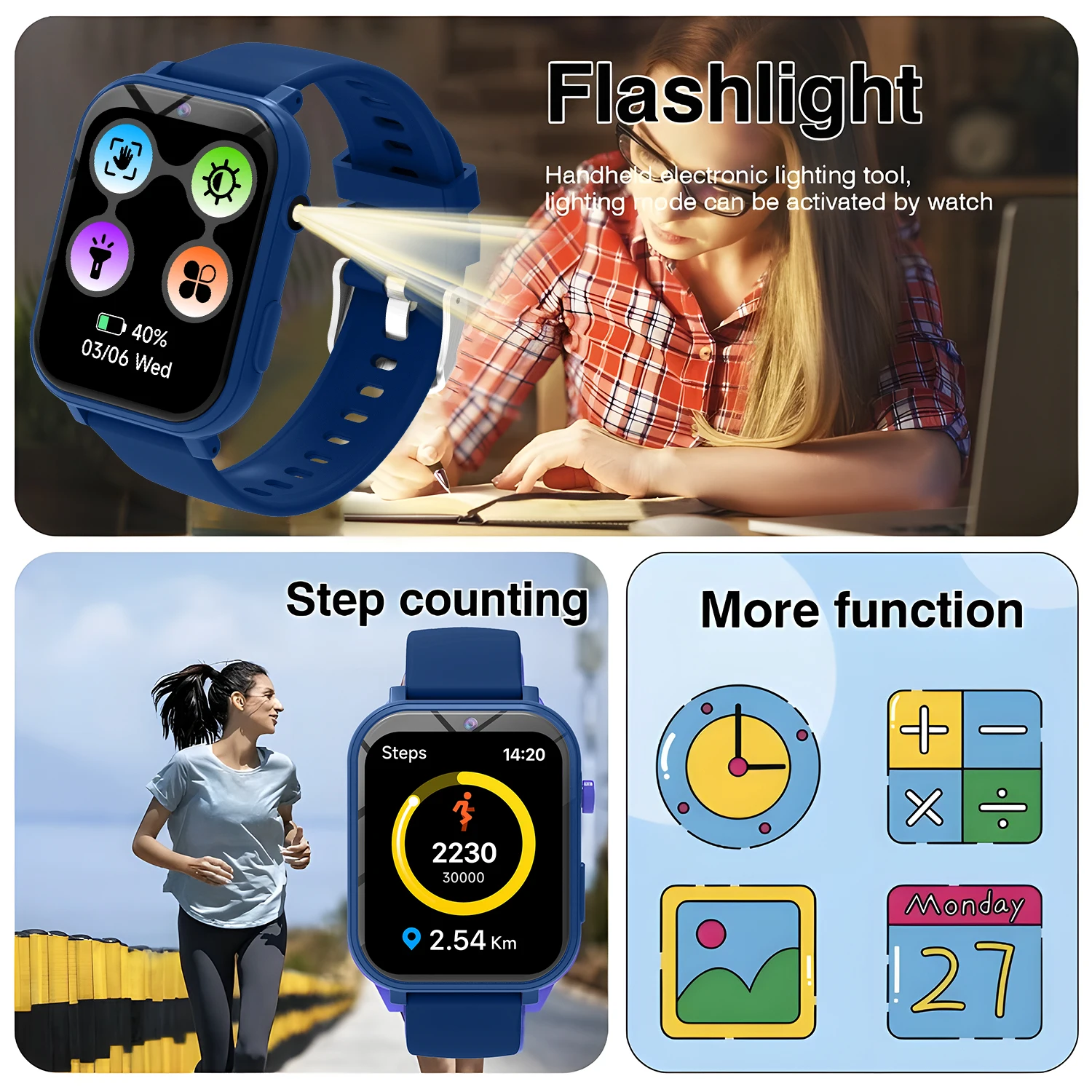 Kids Smart Watch Games Camera Flashlight Sleep Monitoring High-capacity Battery Step Counter Boy Girl Children Smartwatch Gifts view 6