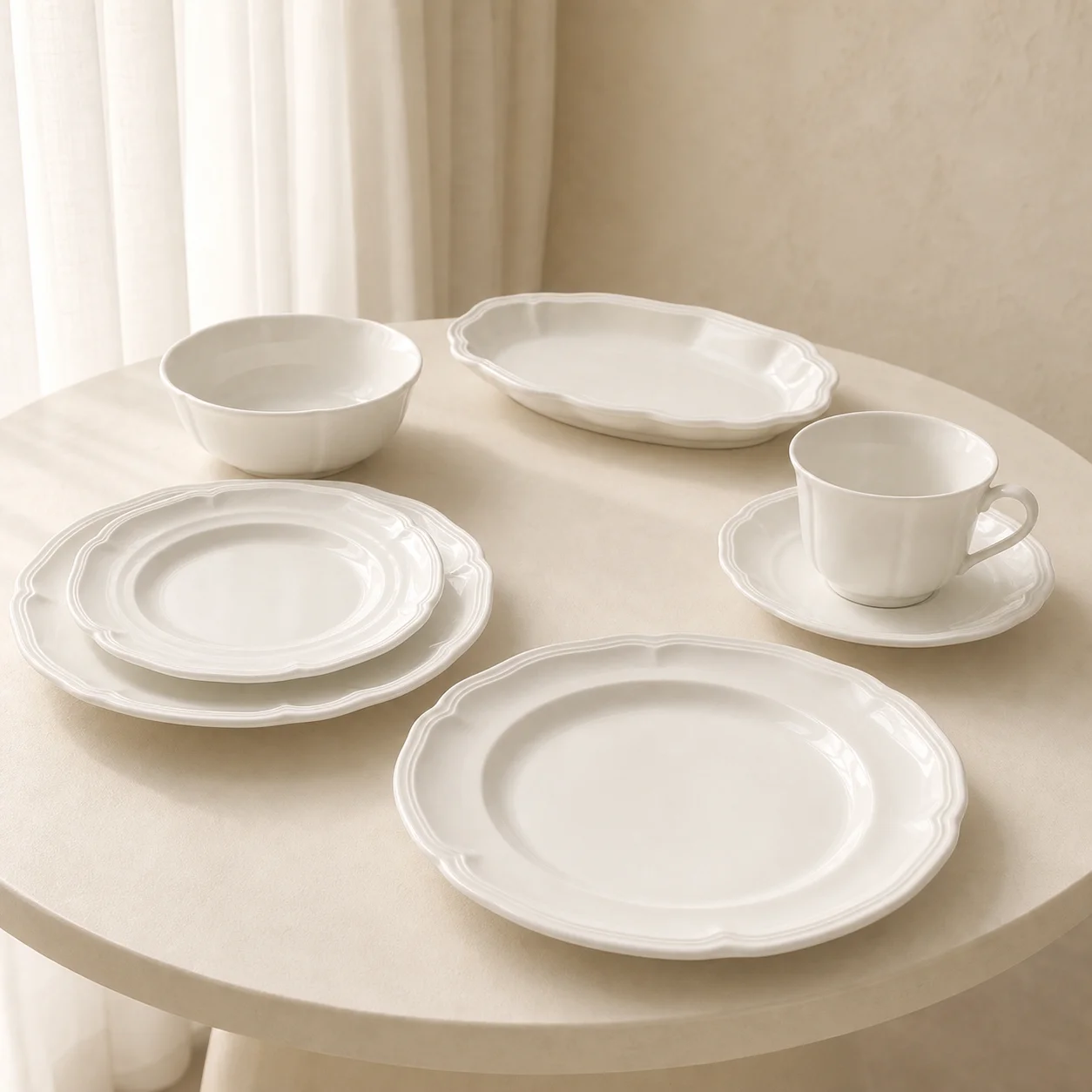 White Ceramic Serving Plate Scalloped Edge Vintage Style Dessert Display Plate elegant tableware for Dining Kitchen Home Decor