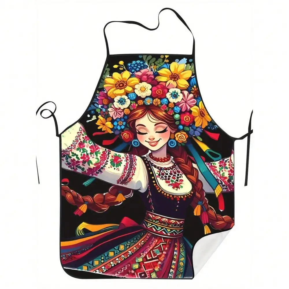 Ethnic Style Apron, Floral Embroidered Woman Print Kitchen Bib, Artistic Cooking Gift, Unique Chef Apron