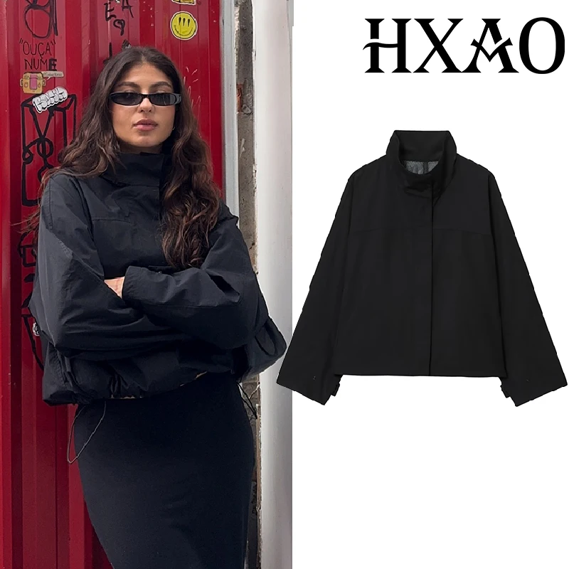 

HXAO женская ветровка, Тренч с длинными рукавами, укороченное пальто, уличная демисезонная черная куртка, легкая куртка-бомбер