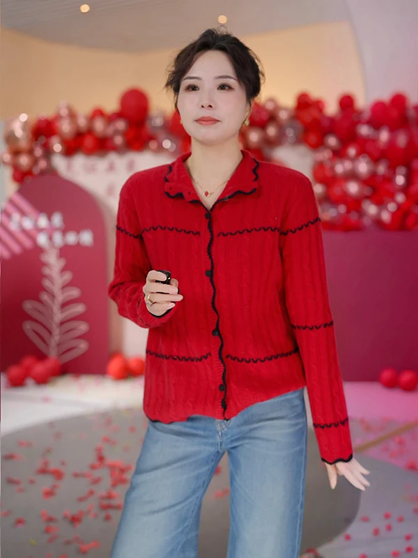 

Элитный шерстяной вязаный кардиган женский с красным воротником, базовый слой, повседневный, приталенный, удлиненный, теплый и комфортный