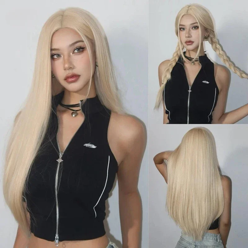 تخفيضات التصفية: باروكة صناعية ذات شعر ذهبي طويل مستقيم بطول 28 بوصة، مناسبة للعب الأدوار اليومية للحفلات النسائية
