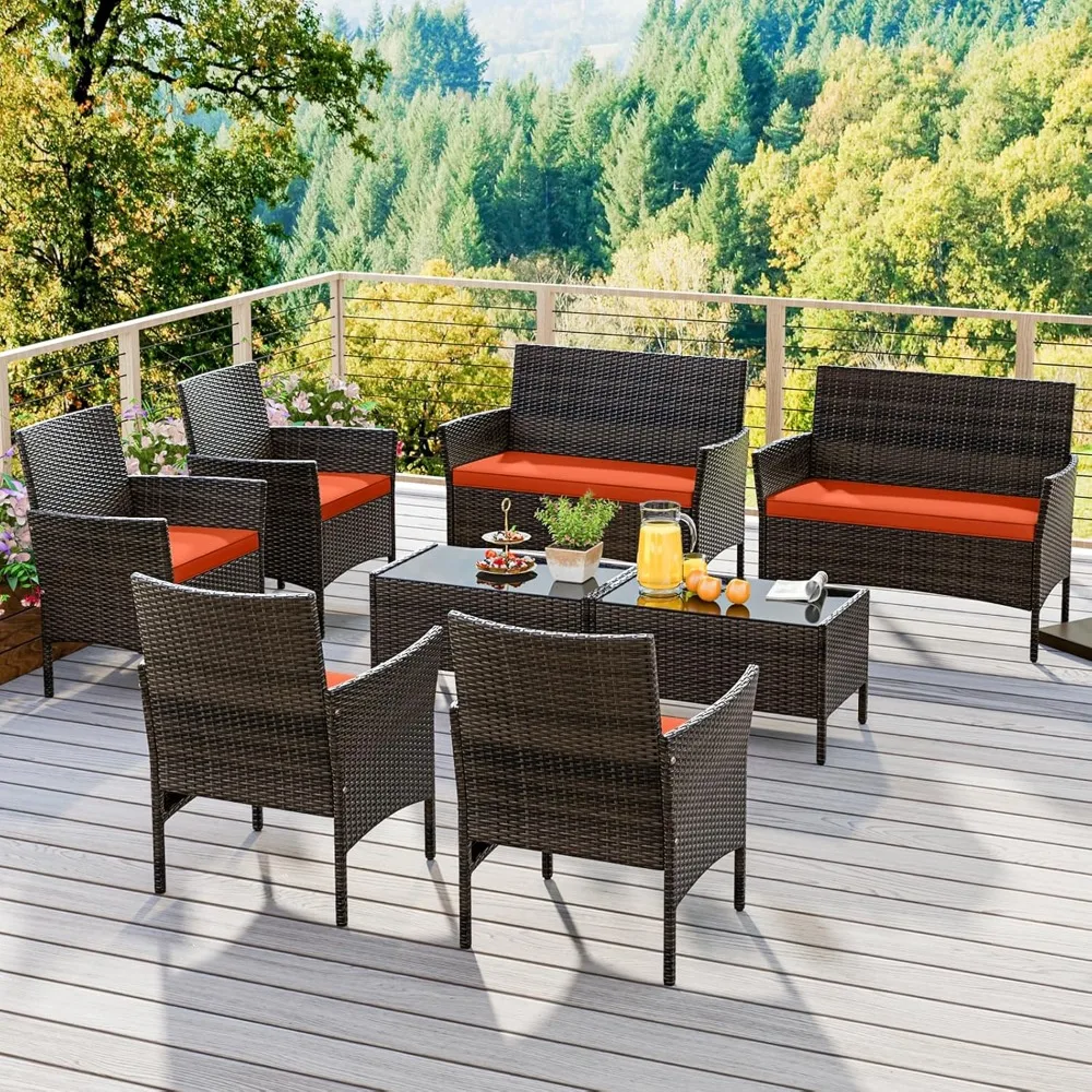 

8 Piece Patio Furniture Set, Outdoor Rattan Conversation Set with Loveseat, Wicker Chairs, Tempered Glass Coffee Table,