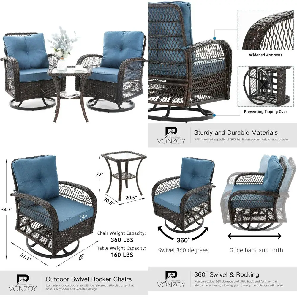 3-Piece Outdoor Patio Furniture Set with Swivel Rocking Chairs and Wicker Bistro Table, Plush Cushions Included