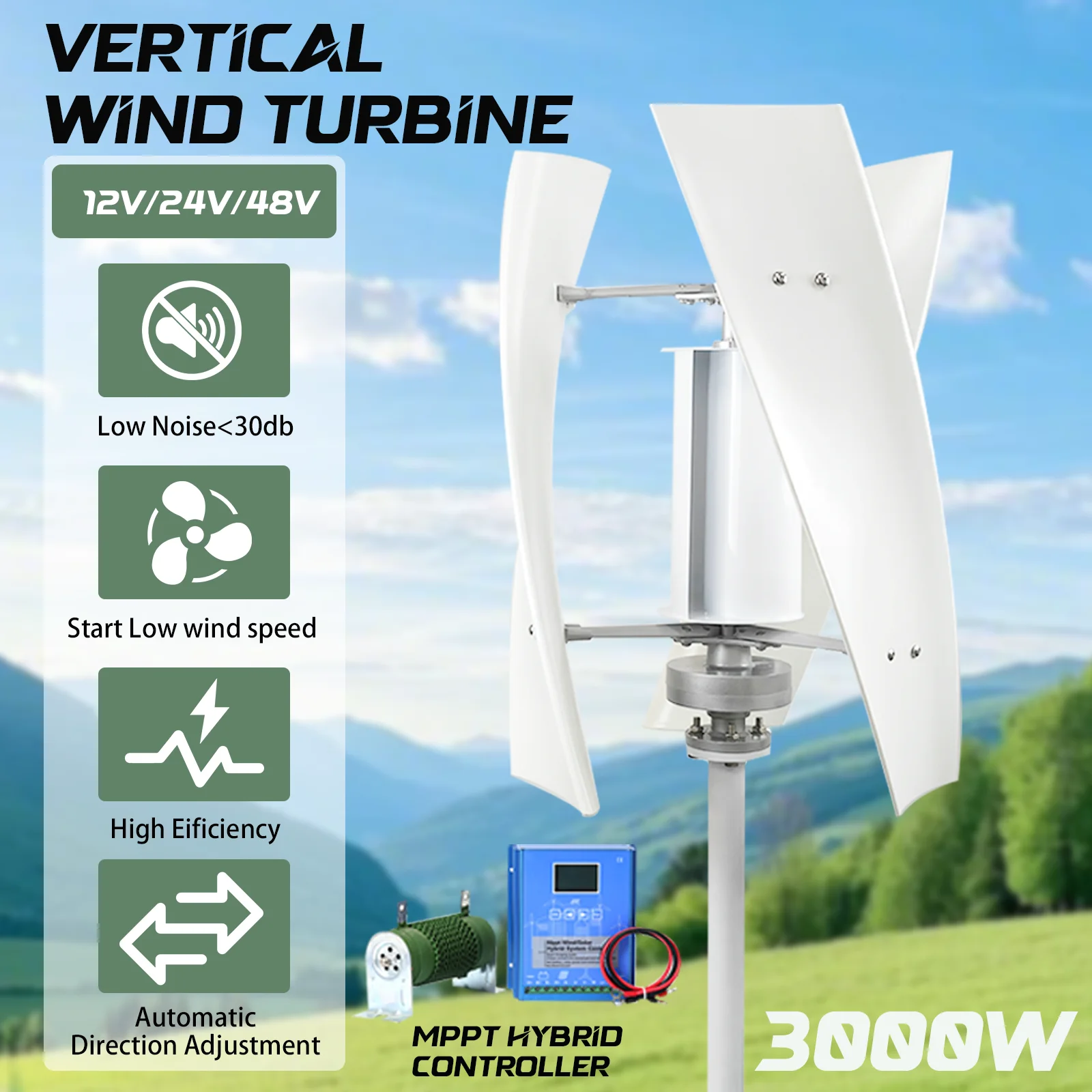 12/24/48V 3000W Verticale Windturbine Kit met Wind-Solar Hybride Controller Huishoudelijke Boerderij Gratis Energie Kleine Windmolen