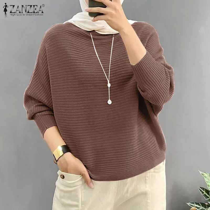 2026 Women Spring Blouses Pullover ZANZEA Fashion Solid Knitted Shirt O Neck Long Sleeve Tops Casual Ribbed Blouse Muslim Blusas