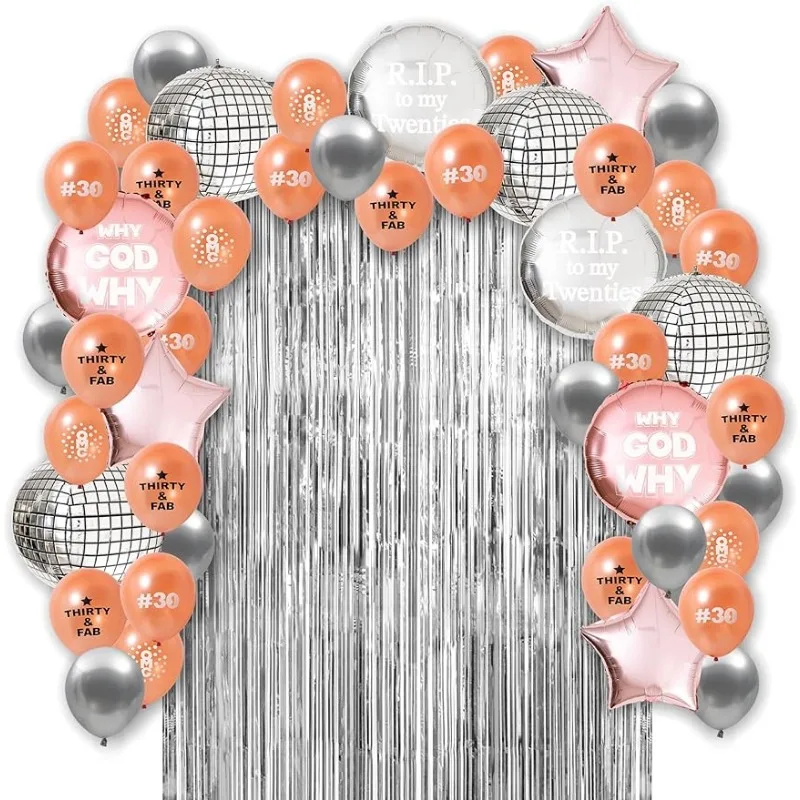 

47 Pcs Rose Gold Silver 30 Thirty Balloons Tassel Garlands Disco Ball Foil Curtain Backdrop 30th Birthday Balloons Party Decor