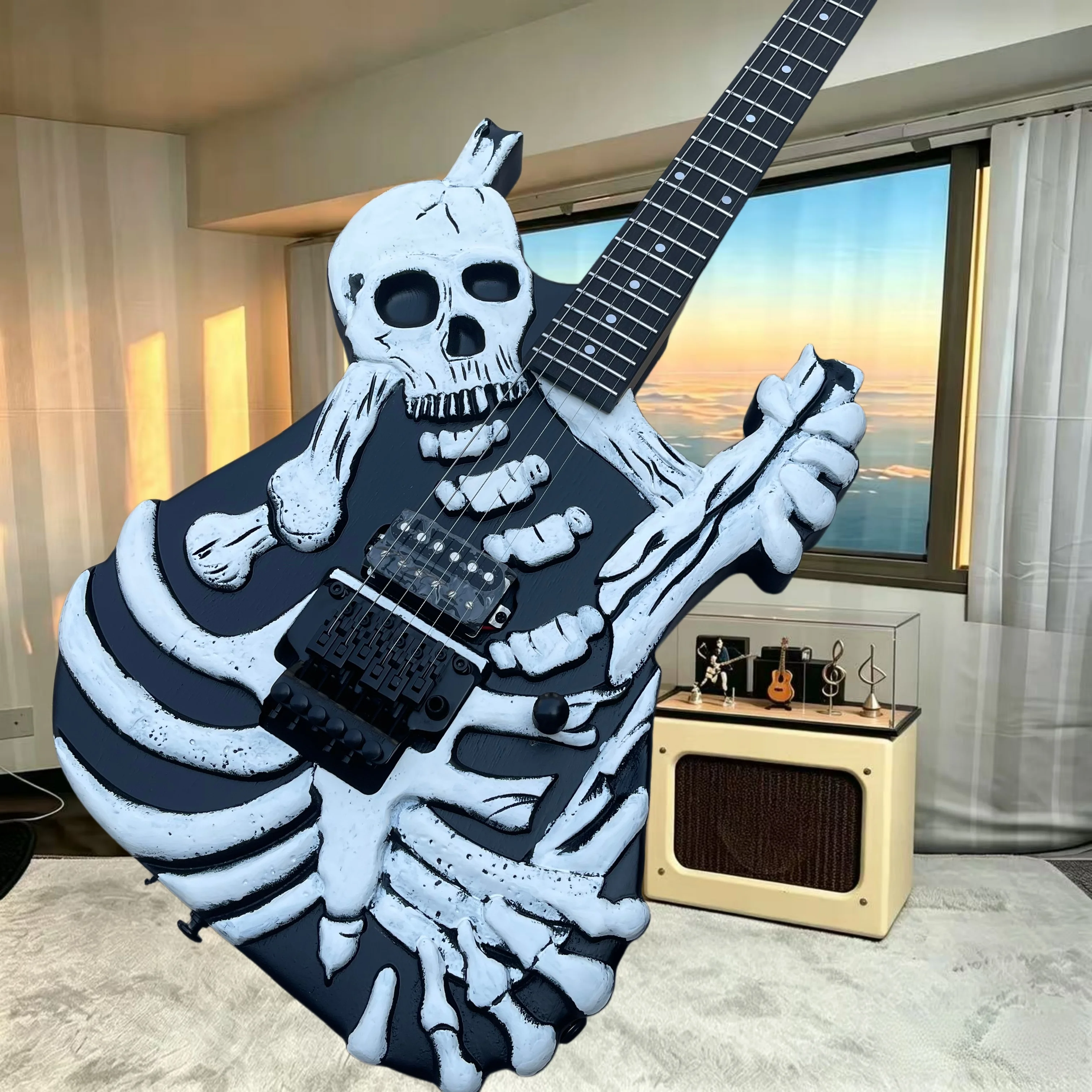 3D Skeleton Carved Custom Shape Electric Guitar HH Covered Humbuckers Black Double‑Locking Tremolo Death‑Metal Thrash Metal