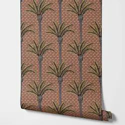 Tropical Palm Tree Wallpaper in dusty red brown back, Restroe Wallpaper with tropical Palm tress in Vintage red