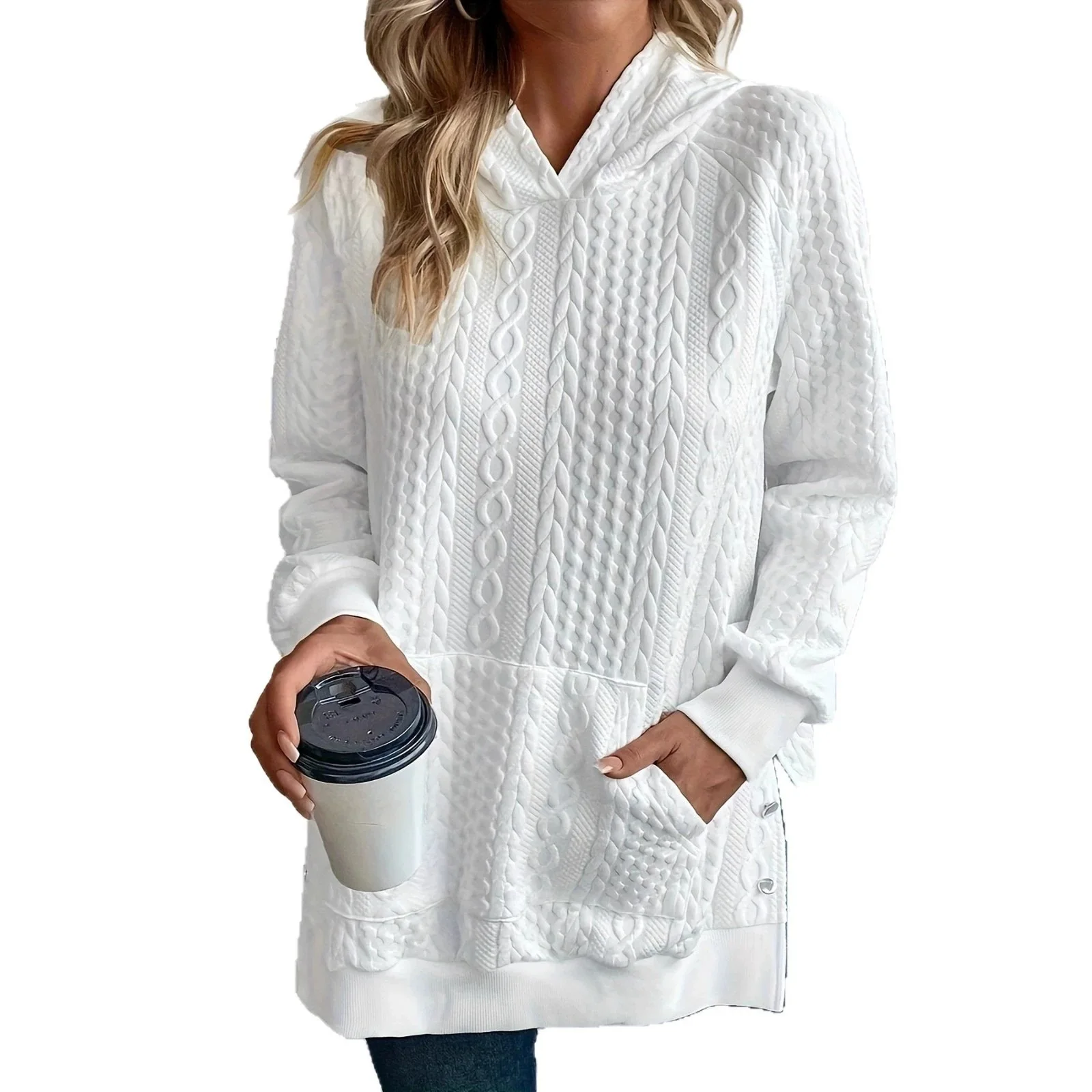 Women Cable Textured Hoodie Long Sleeve Kangaroo Pocket Side Button Split Hem Casual Commuter Top
