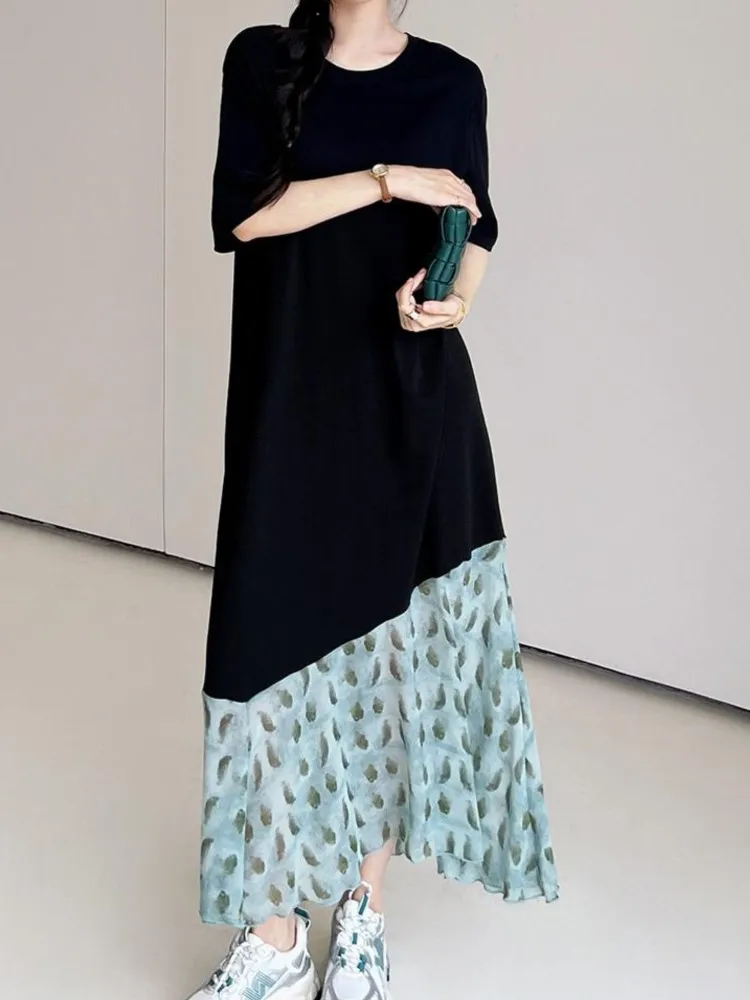 Oversize Summer Patchwork Print Floral Dot Dress Women Loose Elegant Black Woman Dress Fashion Laides Dresses Vestidos