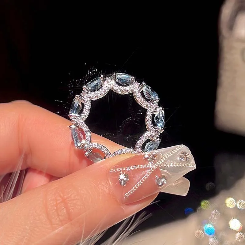 Luxury Shiny Blue Zircon Rings for Women Girls Exquisite Rhinestone Splicing Knot Knuckle Ring Bride Wedding Jewelry Gift