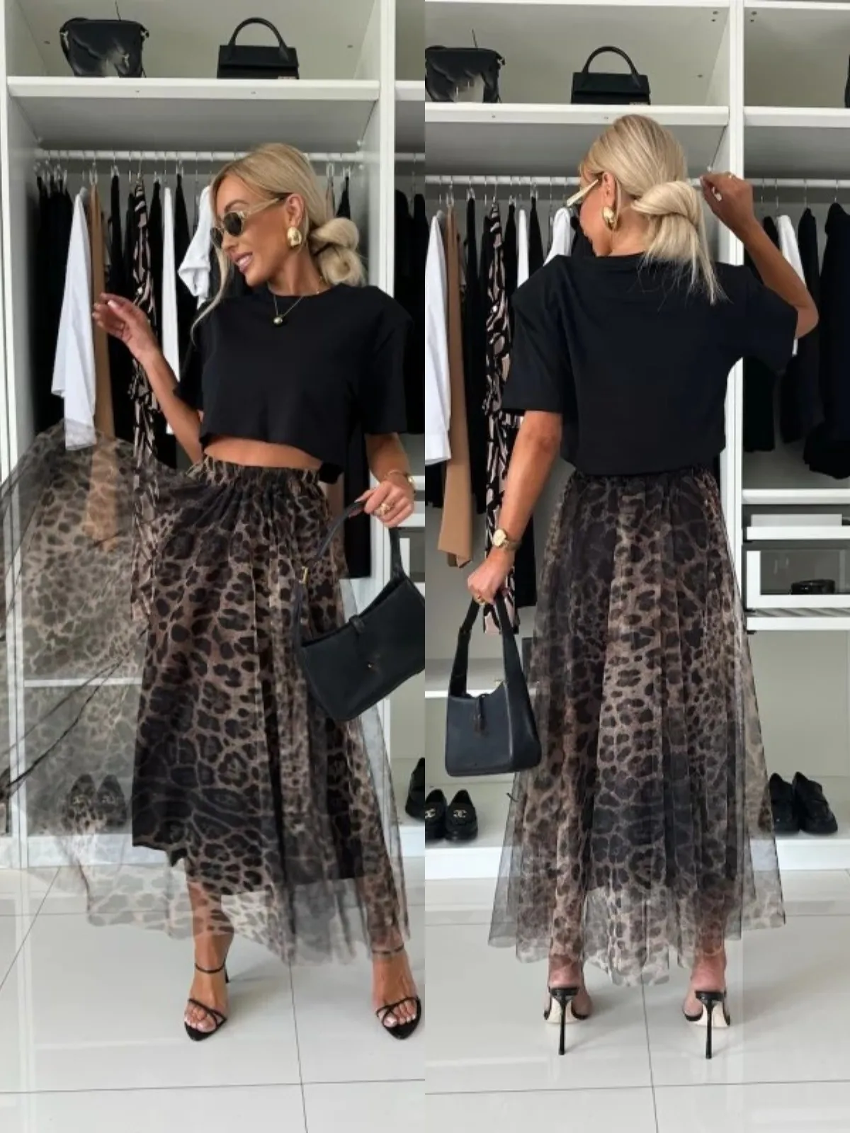 

SKMY 2025 New Long Skirts Y2k Clothes Women Fashion Leopard Printed Elastic Waist A-Line Mesh Skirts Sexy Party Clubwear