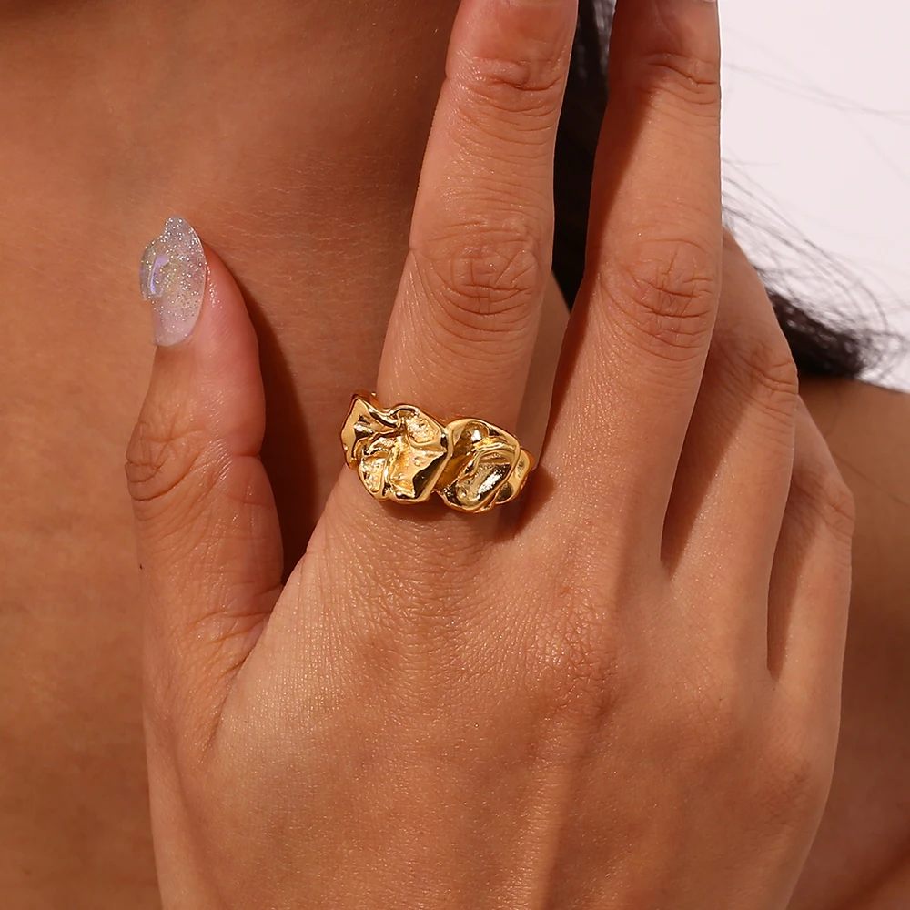 2023 New In Abstract Artistic Irregular Design Open Size Index Gold Plated Rings For Women Tarnish Free Stainless Steel Jewelry