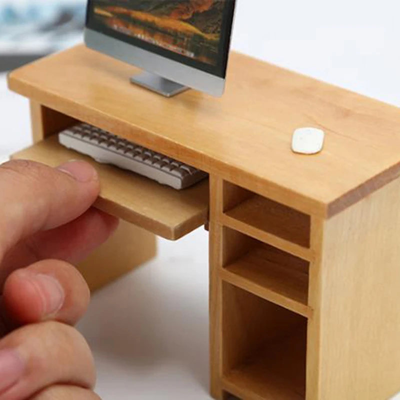 1/12 Dollhouse Miniature Desk With Keyboard And Mouse Wooden Toys Dollhouse Furniture For Dollhouse Decoration