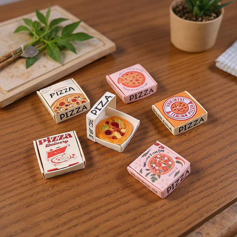 Conjunto de jogo de pizza ou caixa de embalagem em miniatura para casa de bonecas de seis peças: brinquedo de decoração de comida para casa de boneca