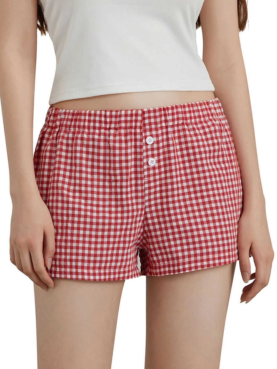 Pantalones cortos de pijama a cuadros para mujer, Shorts elásticos de cintura baja, ropa de calle informal de verano, Y2K