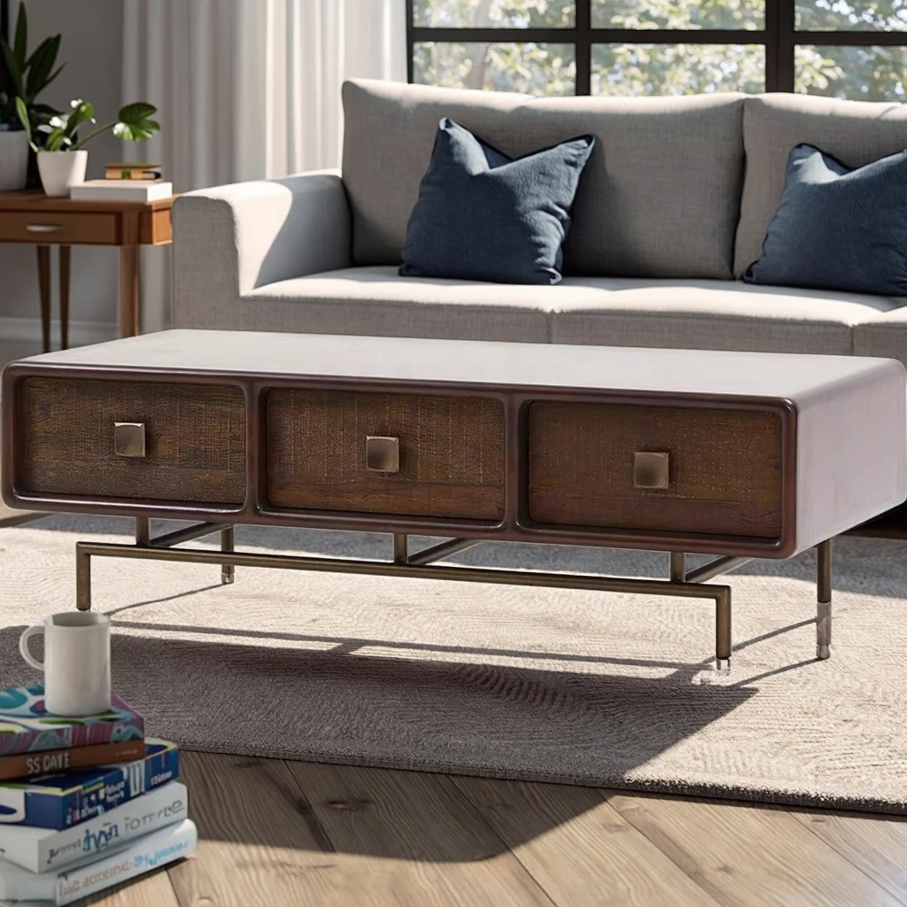Solid wood coffee table Modern classical square table Light luxury wooden coffee table with hidden storage