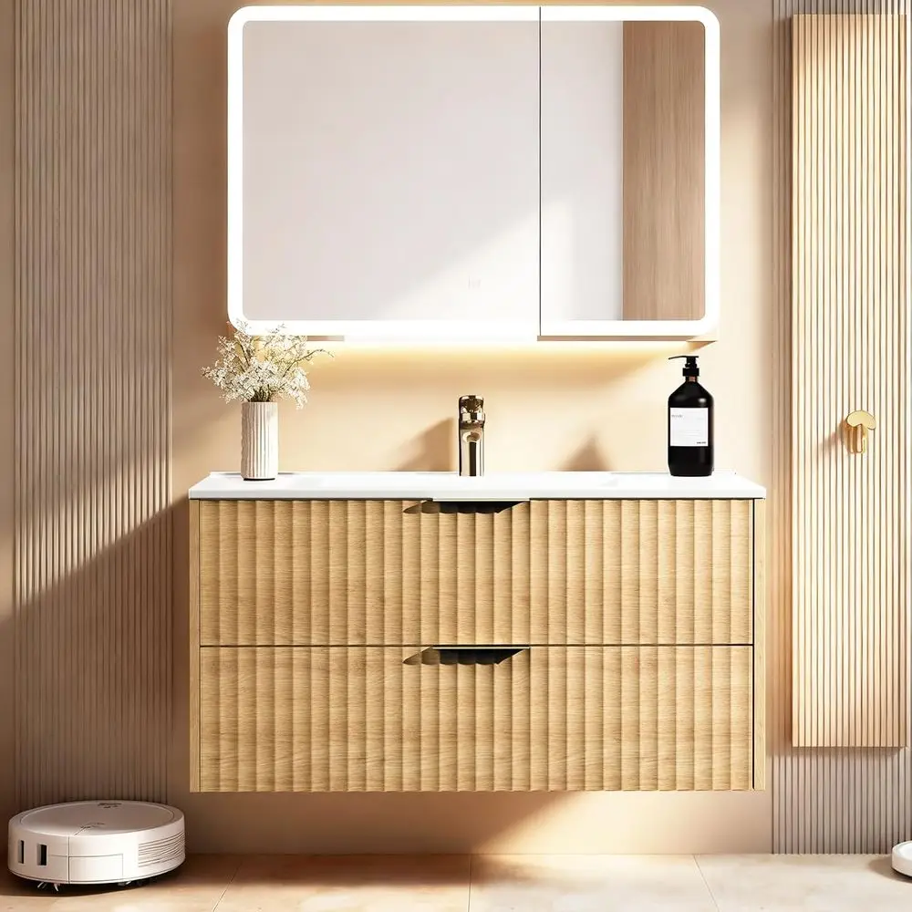 36 Inch Bathroom Vanity with Sink, ern loating Bathroom Vanity with Resin Sink, 2 Large Storage wers, Wood Grain Texture Wall Mo