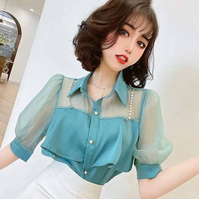 

Elegant Lapel Spliced Beading Gauze Hollow Out Puff Sleeve Shirt Women's Clothing 2023 Summer New Casual Tops Office Lady Blouse