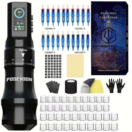 Imagen 2 del producto Kit de tatuaje POSEIDON, Kit de pluma de tatuaje de alta calidad para máquina de tatuaje de maquillaje permanente, nuevo Kit de pistola de tatuaje con fuente de alimentación de tatuaje genial