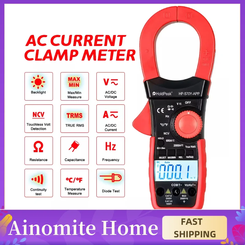 

Digital AC/DC Clamp Multimeter - 6000 Counts, True RMS, Temperature Measurement, LCD Display, Bluetooth (BT-570Y-APP)