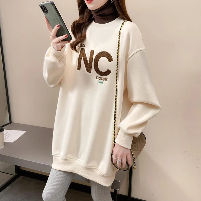 Autumn Winter High Collar Long Sleeve Fleece Thick Oversize Streetwear Female Sweatshirt Fake 2 Piece Letter Pullover Tops Women