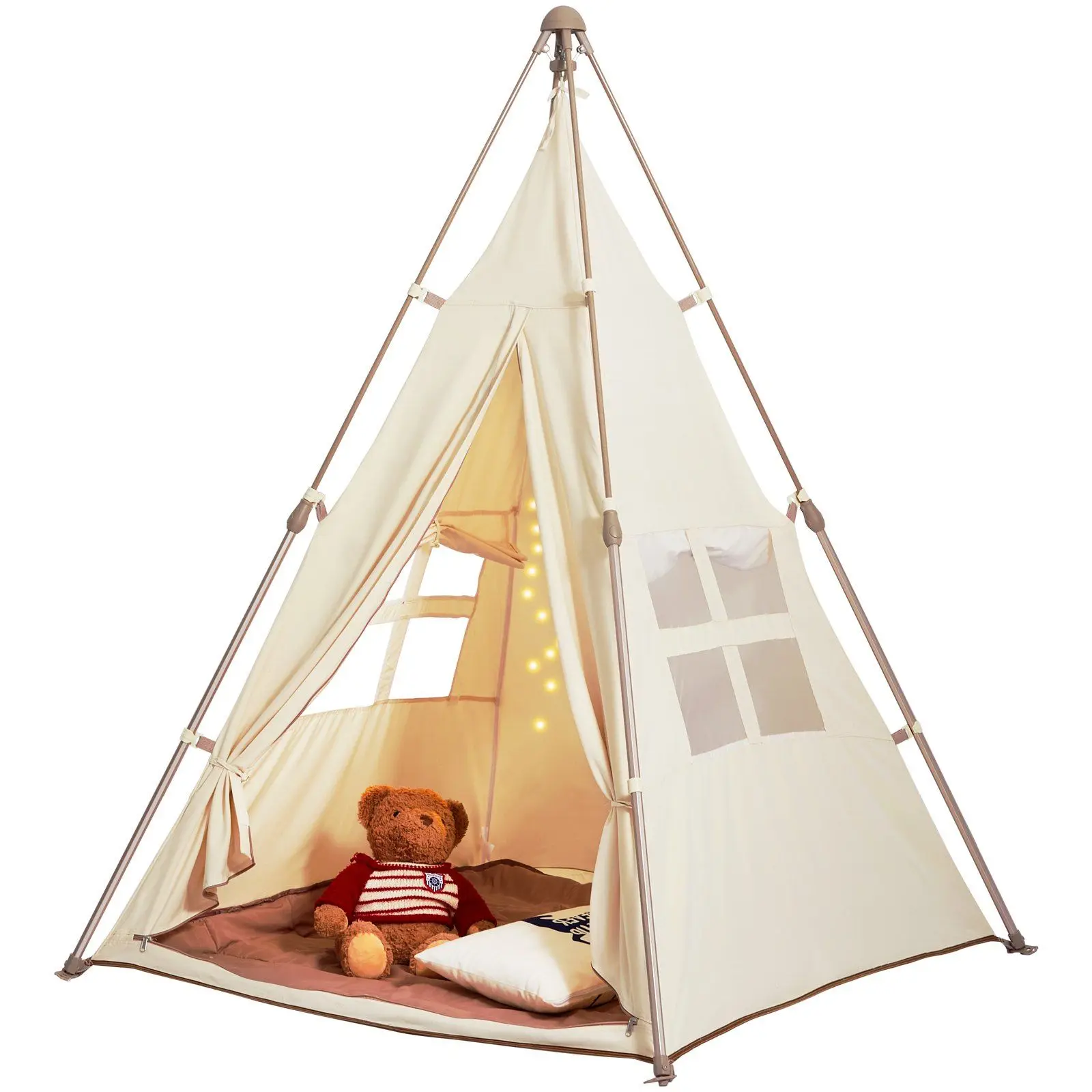 

Kids’ Teepee Play Tent – Foldable Design w/ Mat & Carry Bag – Indoor/Outdoor Fun for Ages 1-5 (Beige)
