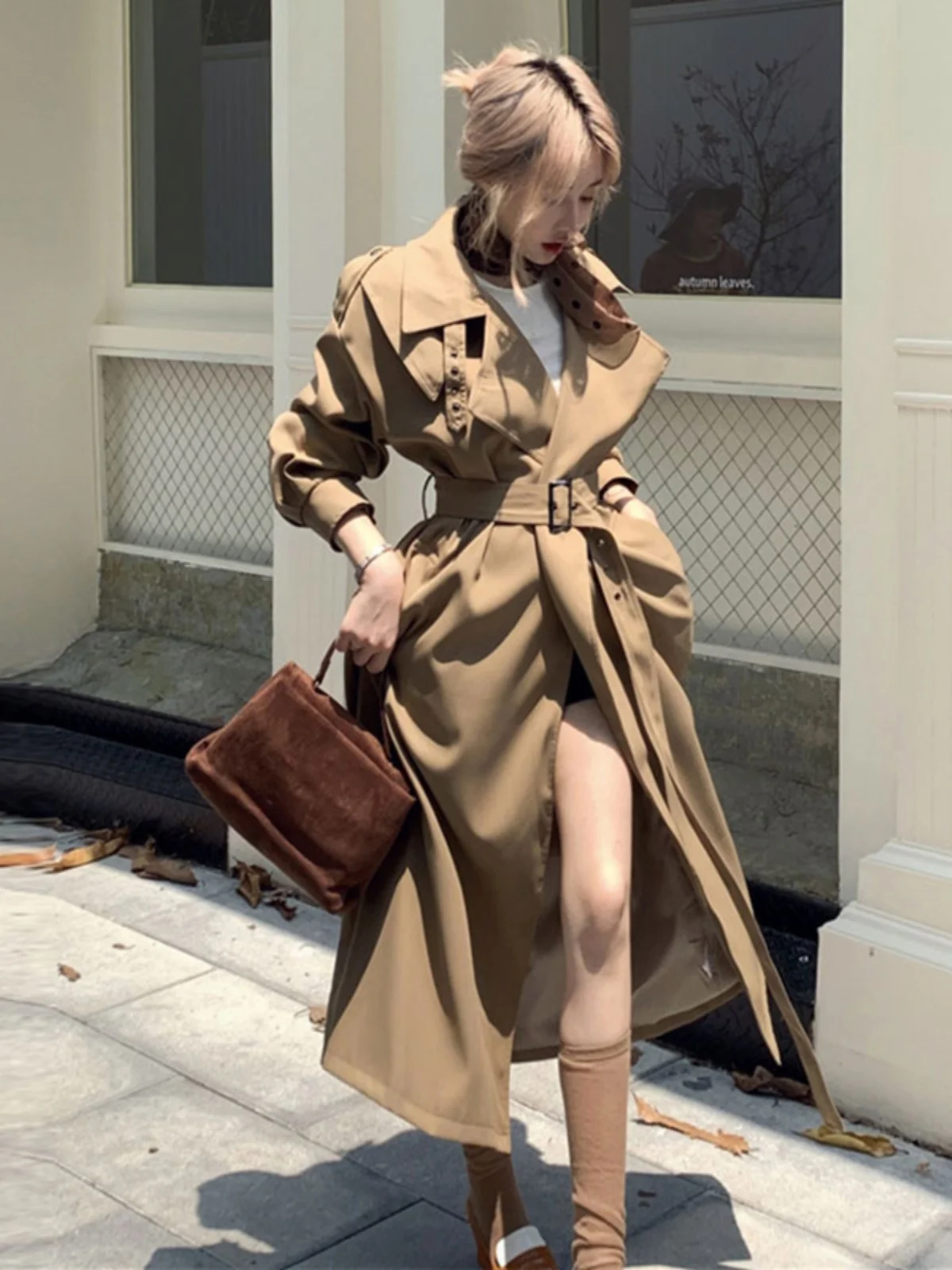 

Пальто Hebe Style с поясом для высоких женщин, элегантное, в британском стиле, с длинными рукавами, ретро, для повседневной носки, свободного кроя