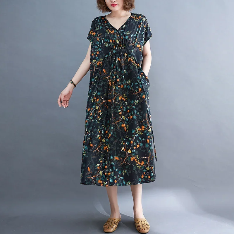 Fashion Plus Size Acetic Acid Satin Age Reducing Lace Up Floral Dress for Women Persimmon and Sweet Simple and Comfortable