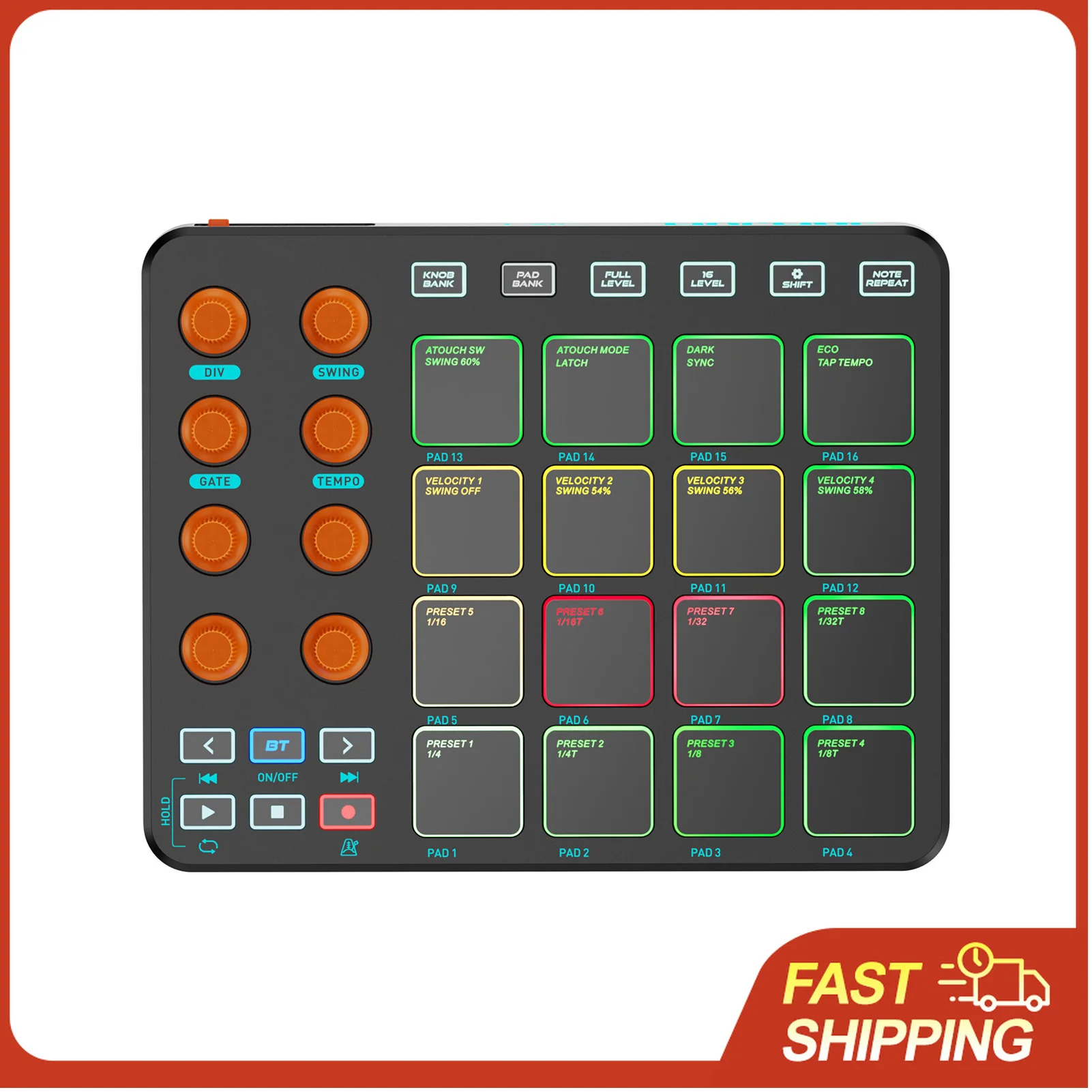 

Беспроводной MIDI-контроллер, MIDI-клавиатура с 16 RGB-падами, 6 настраиваемыми кнопками, 8 регуляторами, перезаряжаемый, поддержка ПК и мобильных приложений