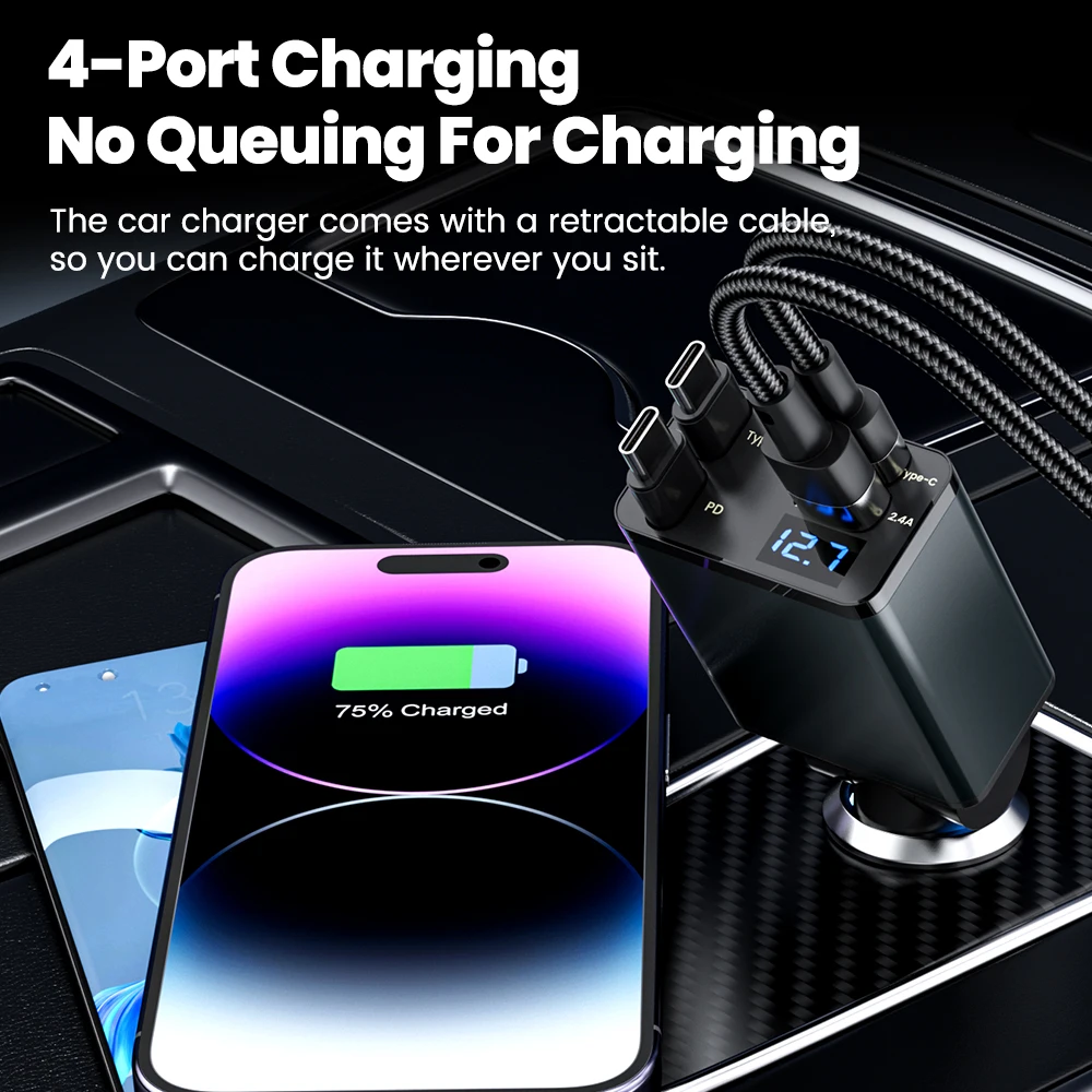 شاحن سيارة 4 في 1 مع كابل مزدوج من النوع C قابل للسحب، شاحن سيارة USB من النوع C، محول شاحن هاتف السيارة لهاتف آيفون وسامسونج وشاومي #5