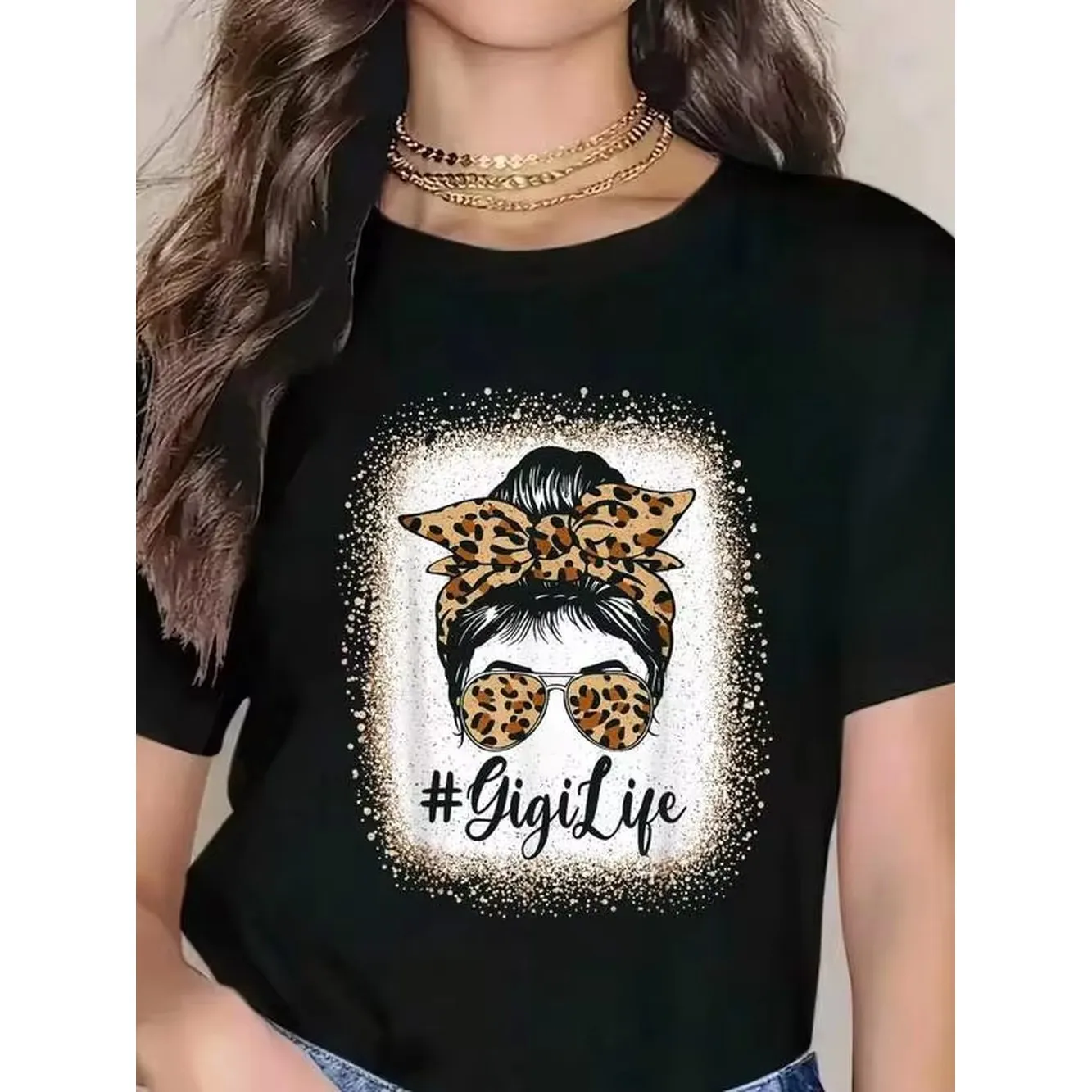 Camiseta Gigi Life Bleached Leopard Messy Bun para el Día de la Madre, camiseta gráfica para todas las estaciones, ropa informal, 100% algodón, transpirable y cómoda