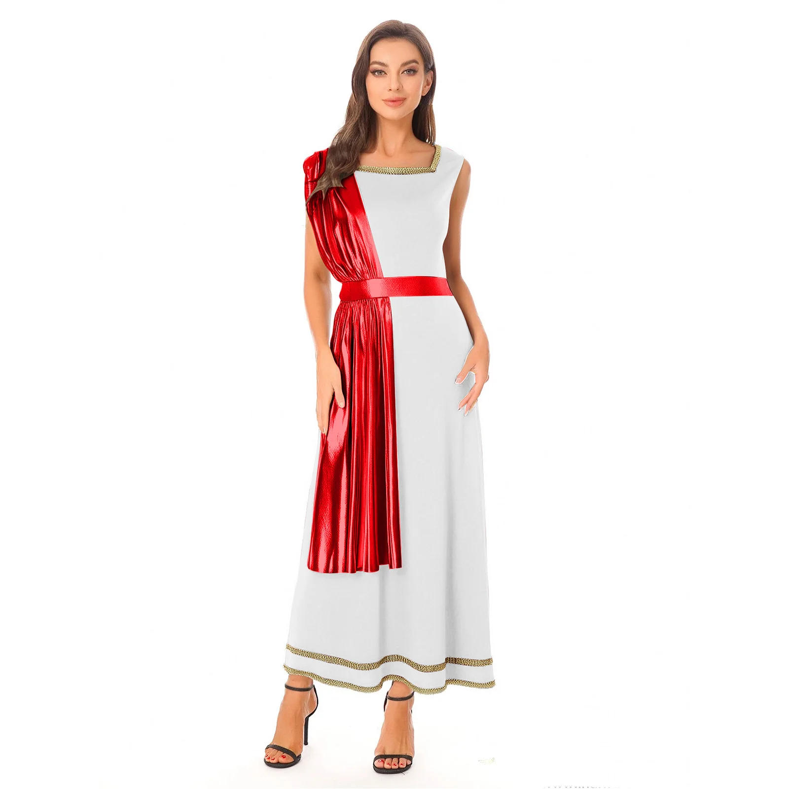 

Womens Halloween Carnival Queen Cosplay Costume Square Neck Sleeveless Gold Trim Dress Metallic Shiny Robe Role Play Toga