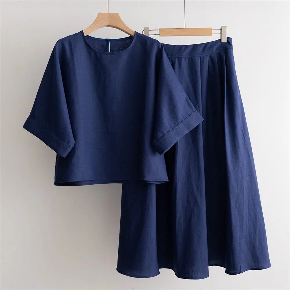 High Quality Linen Half Sleeve Pullover Top+  High Waist A-Line Skirt Casual Set