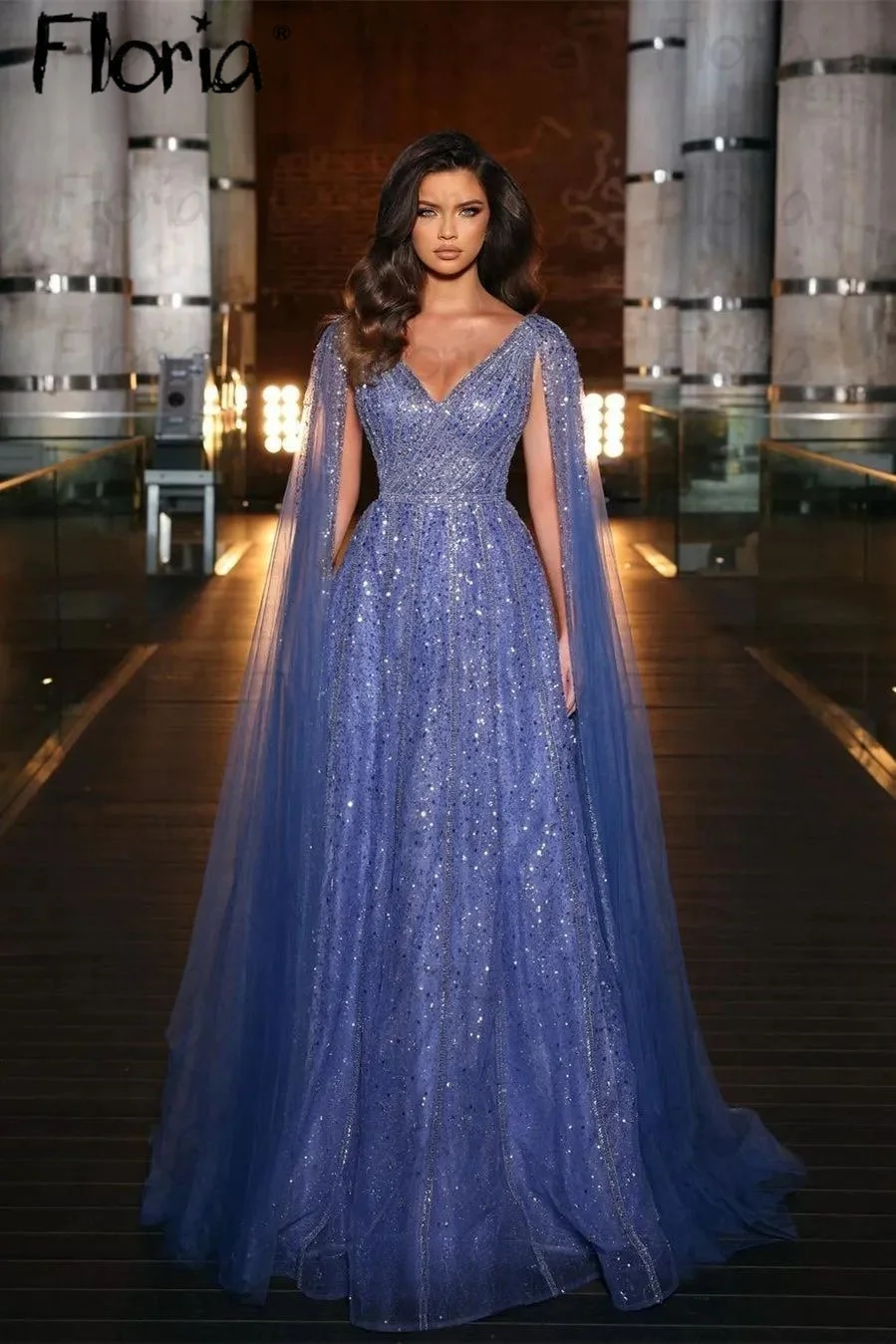 Dubai Elegant Beaded Party Dress With Long Cape Sleeve Luxury A Line Wedding Night Gowns 2023 Long Celebrity Prom Dresses Custom