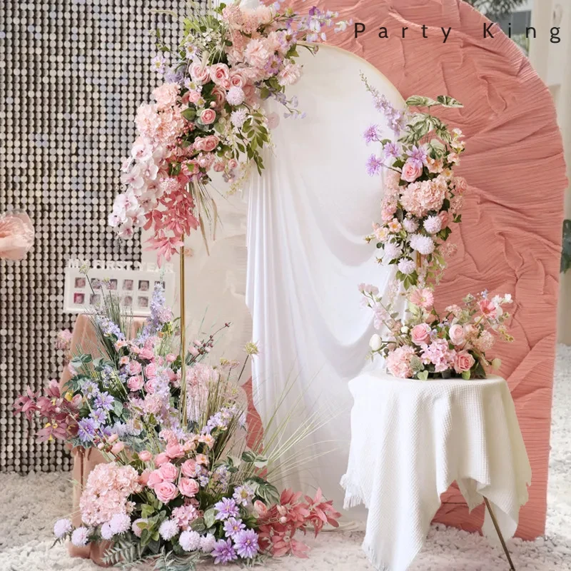 Artificial Flower Row Background Wall for Wedding Decoration Moon Shape Horn Flower Table Rose Silk Hydrangea Flower Bunch