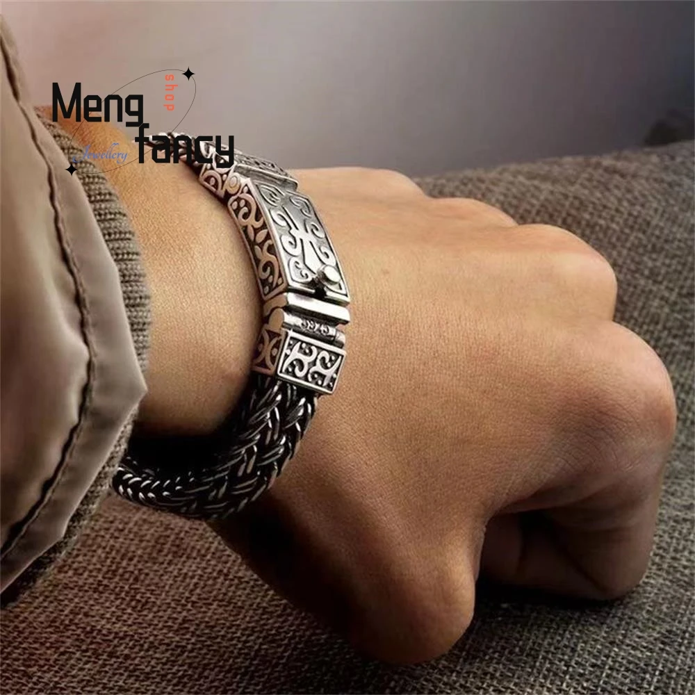 Vintage Thai Silver Woven Wide Version Thick Bracelet Hipster Male Overbearing Hip Hop Popular Fashion Luxury Quality Jewelry