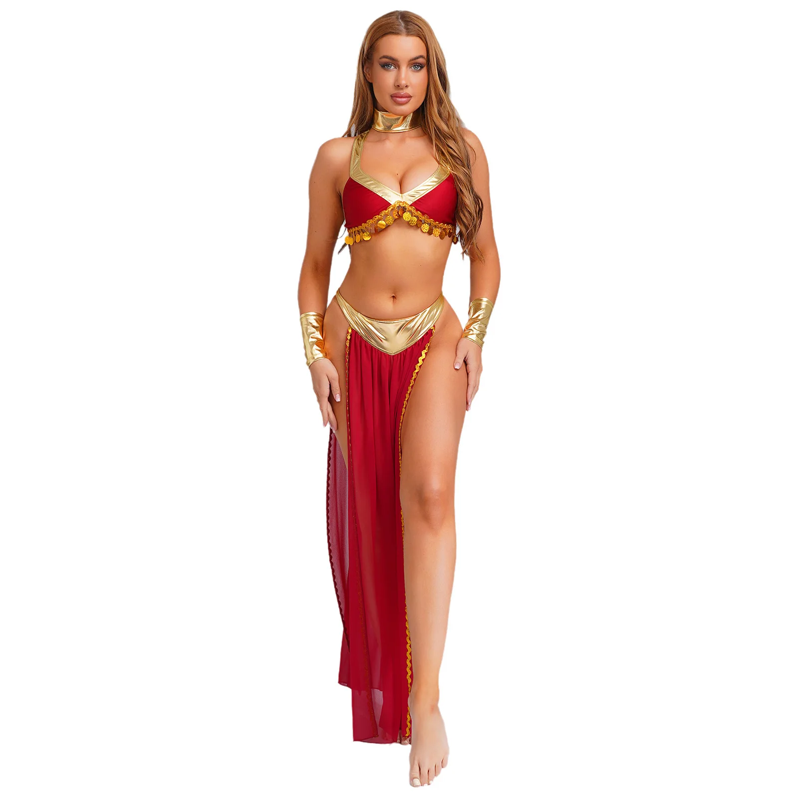 Trajes de Cosplay de Reina egipcia antigua para mujer, Top corto con abertura lateral, falda de gasa, traje de danza del vientre metálico brillante para Halloween