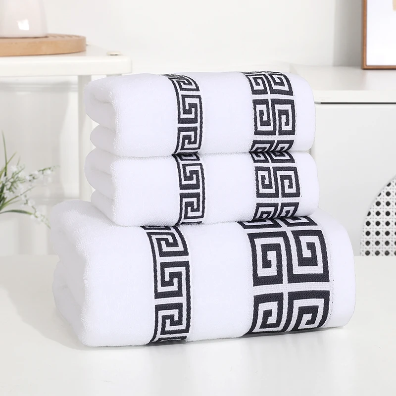 

3pcs Set Cotton Towel 2pcs Hand Towel 34x74cm and 1pcs Big Bath Towel 70x140cm Blue White Brown Geometric Embroidered Gift Towel