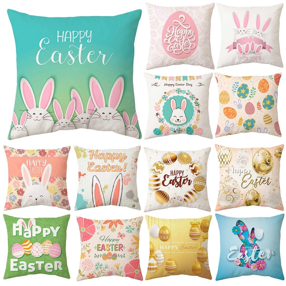 45x45cm Cushion Cover Happy Easter Decorations For Home 2024 Bunny Easter Eggs Polyester Pillowcase Rabbit Decor For Easter Gift