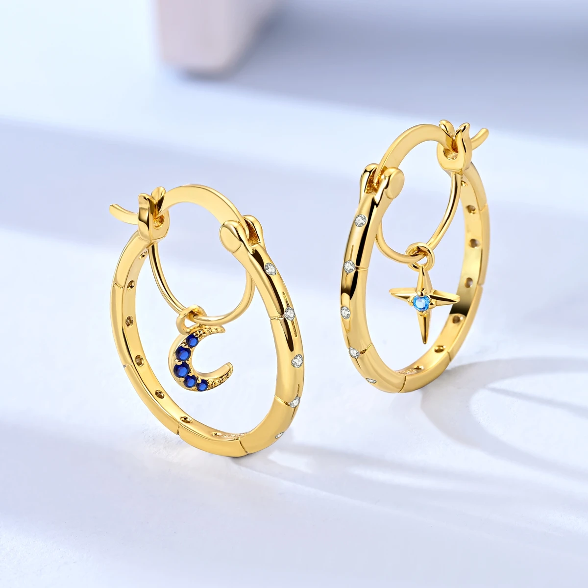 

Hoop Earring 925 Silver Gold Star Moon Asymmetry Round Earring For Women Fashion Jewelry