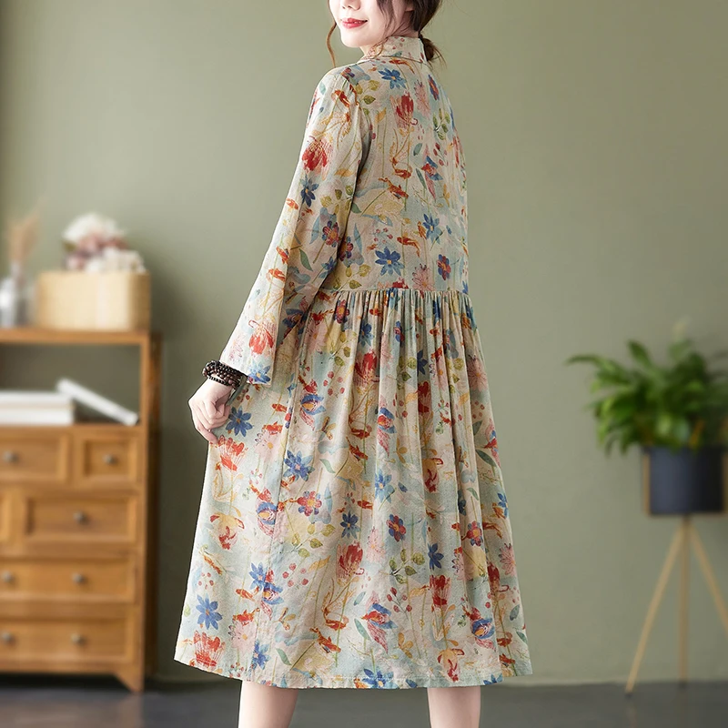 Retro-Blumendruck Midi Dr Single Button Nine Sve Collar Patchwork-Kleid A-Linie Silhouette Pendeln Sle Herbstkleidung
