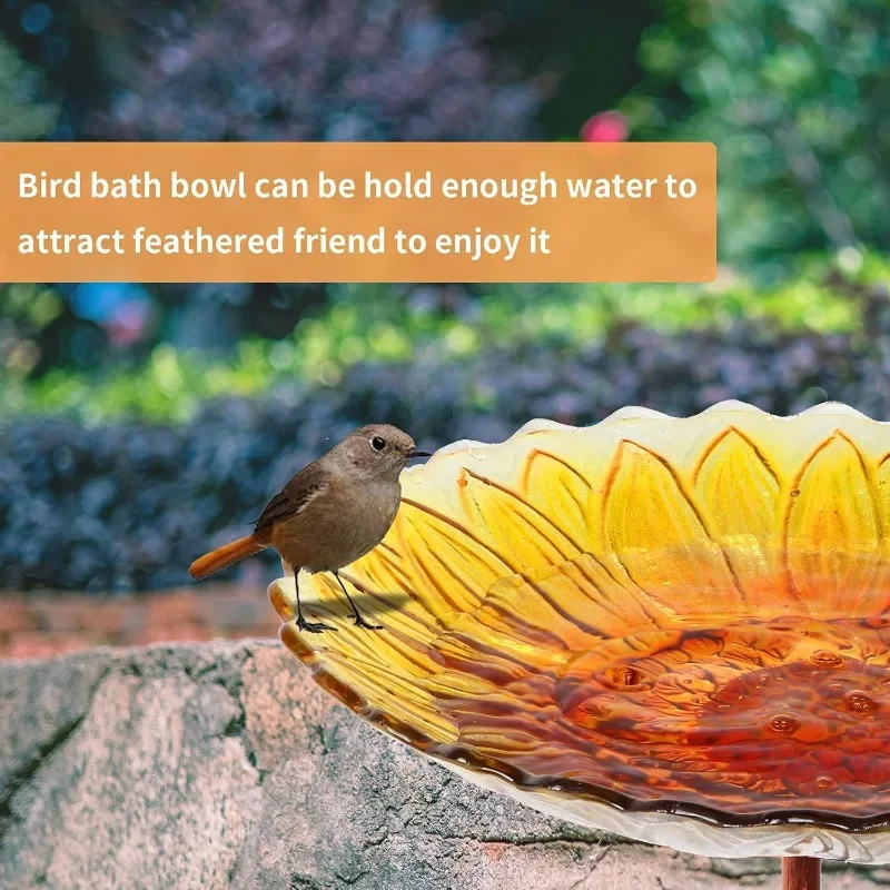 Glass Bird Bath, Garden Outdoor Birdbaths Birdfeeder with Metal Stake Sunflower