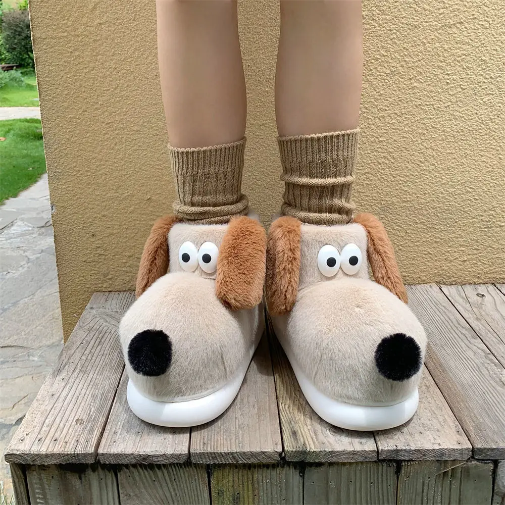 Cute Cartoon Doggy Furry Slippers Girls High Top Warm Plush Cotton Snow Boots Women Fluffy Home Slippers Ladies Platform Shoes
