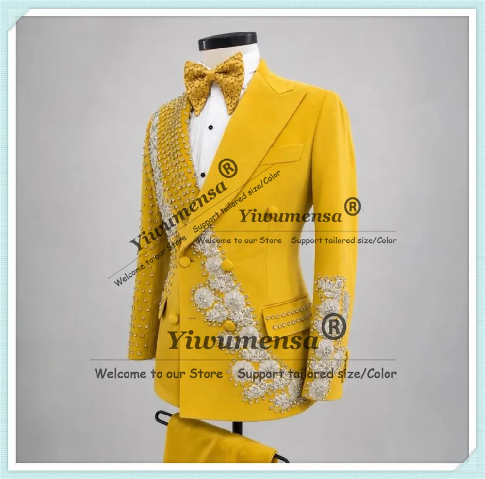 Exquisite Wedding Suit For Man Diamond Beaded Jacket Pants 2 Pieces Sets Customized Double Breasted Groom Tuxedos Male Outfits