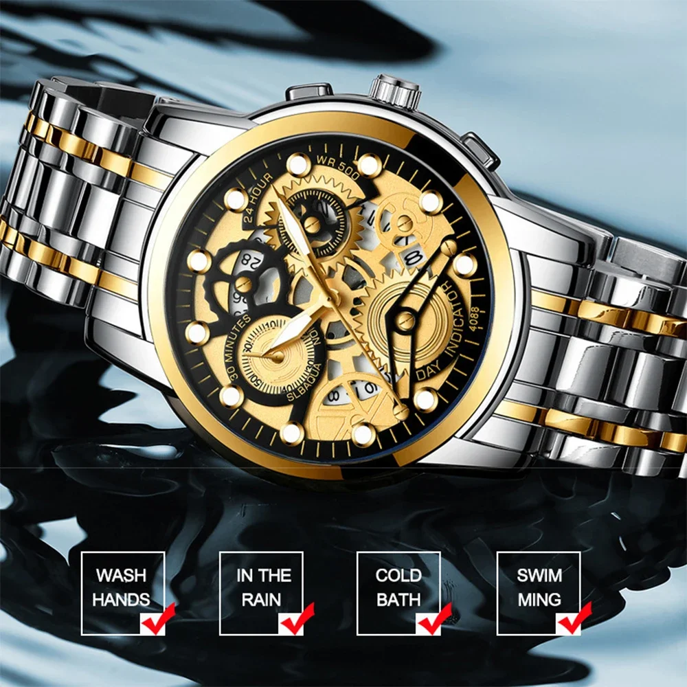 BINBOND ساعة كوارتز عصرية فاخرة للرجال بحزام من الفولاذ المقاوم للصدأ قرص فاخر مضيء 30 متر مقاوم للماء ساعة يد رجالية غير رسمية للأعمال #5