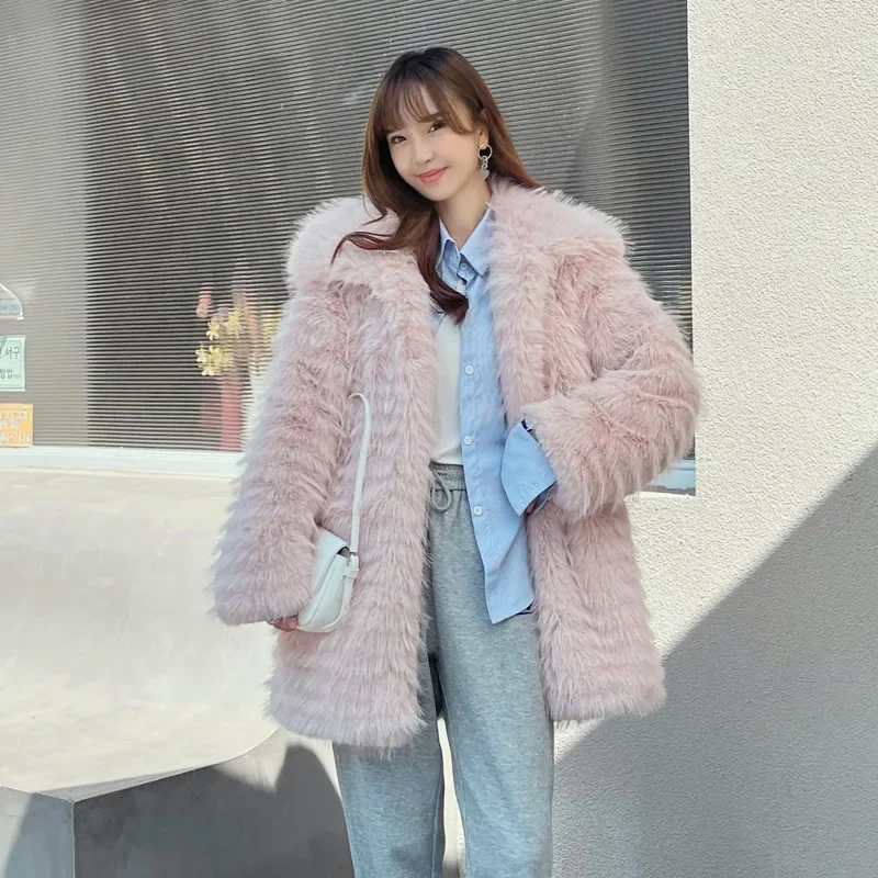 Imitation Finnish Fox Stripe Fur Imitation Fur Toka Coat Korean Version Solid Color Women's Mid-length Lapel Coat